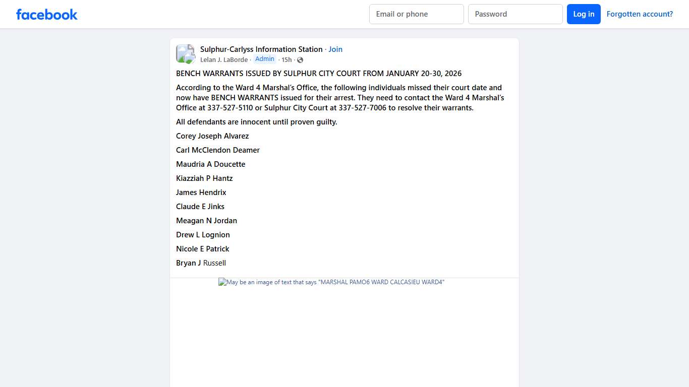 Sulphur-Carlyss Information Station **BENCH WARRANTS ISSUED BY SULPHUR CITY COURT FROM JANUARY 20-30, 2026** Facebook